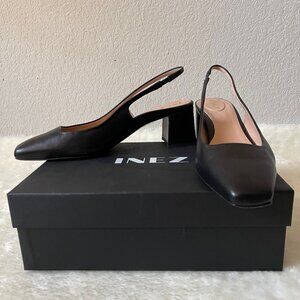 Inez Coco slingback square toe block heel pump in Black Nappa size 10.5